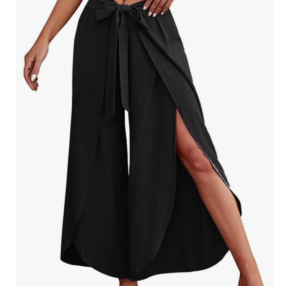 THML Black Wide-Leg Wrap Palazzo Pants with Front Slit